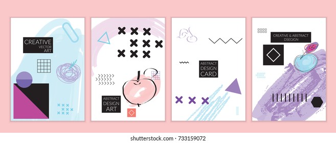 Set of artistic minimal universal card templates in Memphis style with abstract hand drawn doodles. Design for poster, card, invitation. Roughly drawn bright trendy textures. Vector isolated