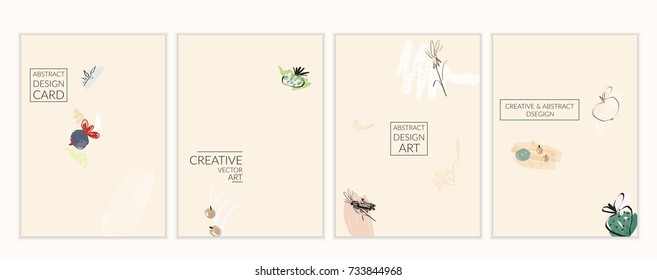 Set of artistic minimal universal card templates with abstract hand drawn doodles. Design for poster, card, invitation. Roughly drawn bright trendy textures. Minimal simple design.Vector isolated