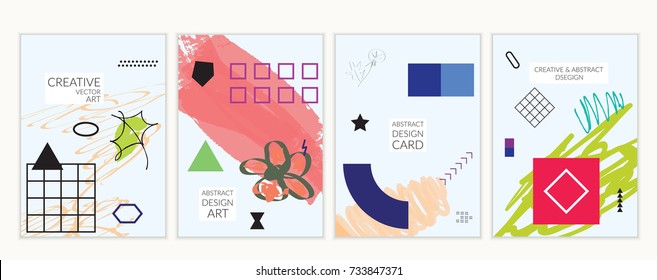 Set of artistic minimal universal card templates in Memphis style with abstract hand drawn doodles. Design for poster, card, invitation. Roughly drawn bright trendy textures. Vector isolated