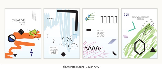 Set of artistic minimal universal card templates in Memphis style with abstract hand drawn doodles. Design for poster, card, invitation. Roughly drawn bright trendy textures. Vector isolated