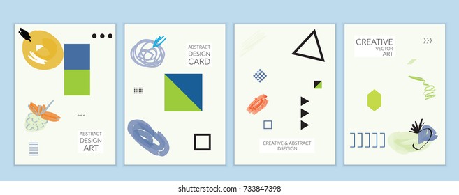 Set of artistic minimal universal card templates in Memphis style with abstract hand drawn doodles on white. Design for poster, card, invitation. Roughly drawn bright trendy textures. Vector isolated