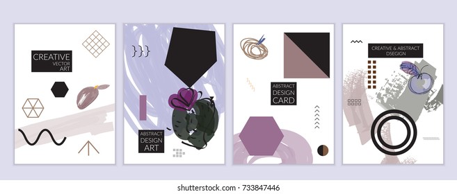 Set of artistic minimal universal card templates in Memphis style with abstract hand drawn doodles. Design for poster, card, invitation. Roughly drawn bright trendy textures. Vector isolated