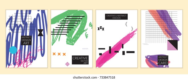 Set of artistic minimal universal card templates in Memphis style with abstract hand drawn doodles. Design for poster, card, invitation. Roughly drawn bright trendy textures. Vector isolated