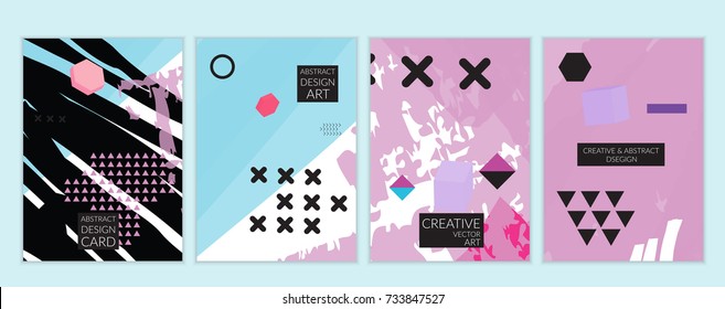 Set of artistic minimal universal card templates in Memphis style with abstract hand drawn doodles. Design for poster, card, invitation. Roughly drawn bright trendy textures. Vector isolated