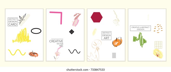 Set of artistic minimal universal card templates in Memphis style with abstract hand drawn doodles on white. Design for poster, card, invitation. Roughly drawn bright trendy textures. Vector isolated