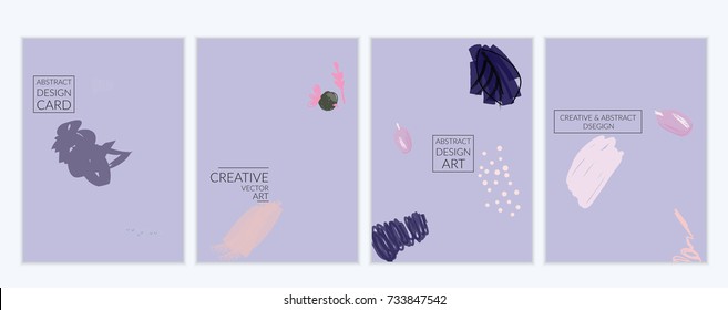 Set of artistic minimal universal card templates in Memphis style with abstract hand drawn doodles on white. Design for poster, card, invitation. Roughly drawn bright trendy textures. Vector isolated