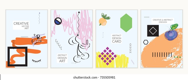 Set of artistic minimal universal card templates in Memphis style with abstract hand drawn doodles on white. Design for poster, card, invitation. Roughly drawn bright trendy textures. Vector isolated