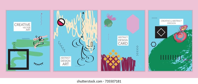 Set of artistic minimal universal card templates in Memphis style with abstract hand drawn doodles. Design for poster, card, invitation. Roughly drawn bright trendy textures. Vector isolated