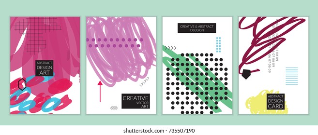 Set of artistic minimal universal card templates in Memphis style with abstract hand drawn doodles. Design for poster, card, invitation. Roughly drawn bright trendy textures. Vector isolated