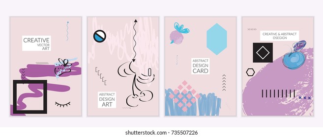 Set of artistic minimal universal card templates in Memphis style with abstract hand drawn doodles. Design for poster, card, invitation. Roughly drawn bright trendy textures. Vector isolated