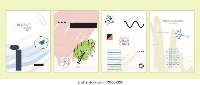 Set of artistic minimal universal card templates in Memphis style with abstract hand drawn doodles. Design for poster, card, invitation. Roughly drawn bright trendy textures. Vector isolated