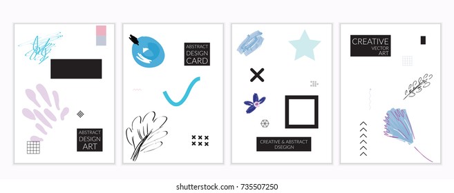 Set of artistic minimal universal card templates in Memphis style with abstract hand drawn doodles. Design for poster, card, invitation. Roughly drawn bright trendy textures. Vector isolated