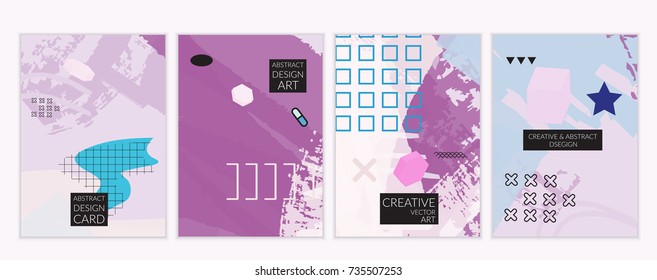 Set of artistic minimal universal card templates in Memphis style with abstract hand drawn doodles. Design for poster, card, invitation. Roughly drawn bright trendy textures. Vector isolated