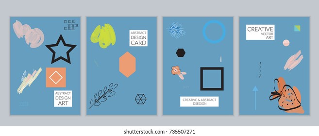 Set of artistic minimal universal card templates in Memphis style with abstract hand drawn doodles. Design for poster, card, invitation. Roughly drawn bright trendy textures. Vector isolated