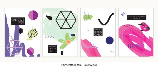 Set of artistic minimal universal card templates in Memphis style with abstract hand drawn doodles. Design for poster, card, invitation. Roughly drawn bright trendy textures. Vector isolated