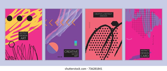 Set of artistic minimal universal card templates in Memphis style with abstract hand drawn doodles. Design for poster, card, invitation. Roughly drawn bright trendy textures. Vector isolated