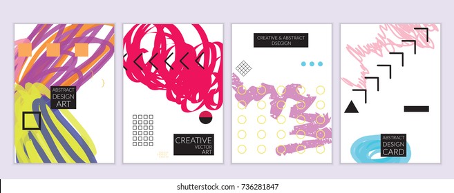 Set of artistic minimal universal card templates in Memphis style with abstract hand drawn doodles. Design for poster, card, invitation. Roughly drawn bright trendy textures. Vector isolated