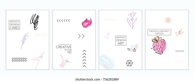 Set of artistic minimal universal card templates in Memphis style with abstract hand drawn doodles. Design for poster, card, invitation. Roughly drawn bright trendy textures. Vector isolated