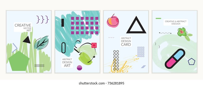 Set of artistic minimal universal card templates in Memphis style with abstract hand drawn doodles. Design for poster, card, invitation. Roughly drawn bright trendy textures. Vector isolated