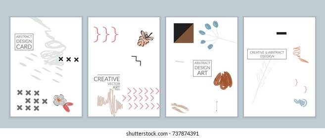 Set of artistic minimal universal card templates with abstract hand drawn doodles. Design for poster, card, invitation. Roughly drawn bright trendy textures. Minimal simple design.Vector isolated