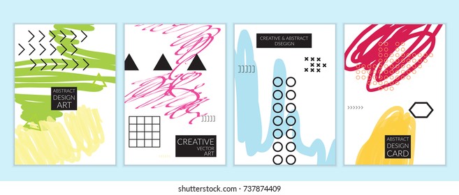 Set of artistic minimal universal card templates with abstract hand drawn doodles. Design for poster, card, invitation. Roughly drawn bright trendy textures. Minimal simple design.Vector isolated