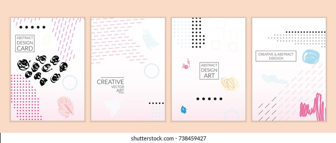 Set of artistic minimal universal card templates with abstract hand drawn doodles. Design for poster, card, invitation. Roughly drawn bright trendy textures. Minimal simple design.Vector isolated