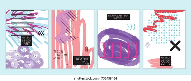 Set of artistic minimal universal card templates with abstract hand drawn doodles. Design for poster, card, invitation. Roughly drawn bright trendy textures. Minimal simple design.Vector isolated