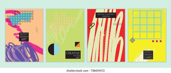 Set of artistic minimal universal card templates with abstract hand drawn doodles. Design for poster, card, invitation. Roughly drawn bright trendy textures. Minimal simple design.Vector isolated