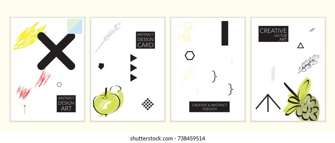 Set of artistic minimal universal card templates in Memphis style with abstract hand drawn doodles. Design for poster, card, invitation. Roughly drawn bright trendy textures. Vector isolated
