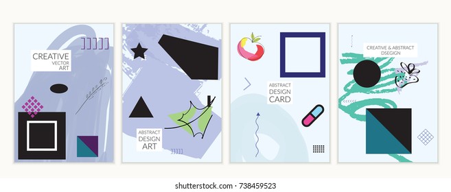 Set of artistic minimal universal card templates in Memphis style with abstract hand drawn doodles. Design for poster, card, invitation. Roughly drawn bright trendy textures. Vector isolated