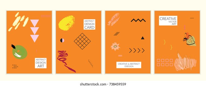 Set of artistic minimal universal card templates in Memphis style with abstract hand drawn doodles. Design for poster, card, invitation. Roughly drawn bright trendy textures. Vector isolated