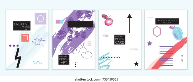 Set of artistic minimal universal card templates in Memphis style with abstract hand drawn doodles. Design for poster, card, invitation. Roughly drawn bright trendy textures. Vector isolated