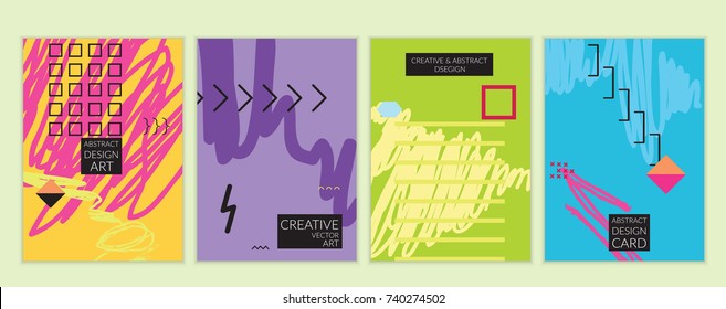 Set of artistic minimal universal card templates with abstract hand drawn doodles. Design for poster, card, invitation. Roughly drawn bright trendy textures. Minimal simple design.Vector isolated