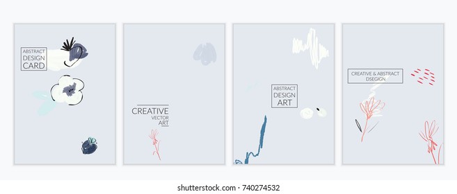 Set of artistic minimal universal card templates with abstract hand drawn doodles. Design for poster, card, invitation. Roughly drawn bright trendy textures. Minimal simple design.Vector isolated