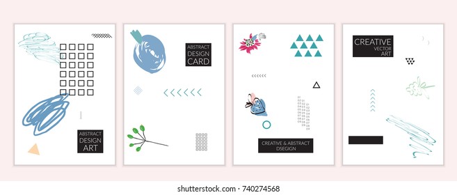 Set of artistic minimal universal card templates in Memphis style with abstract hand drawn doodles. Design for poster, card, invitation. Roughly drawn bright trendy textures. Vector isolated