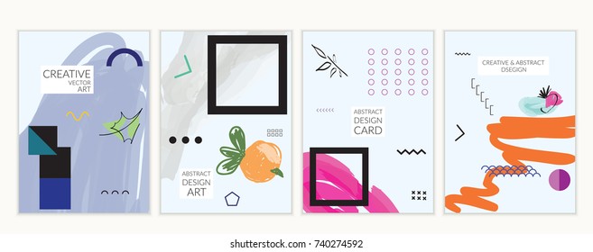 Set of artistic minimal universal card templates in Memphis style with abstract hand drawn doodles. Design for poster, card, invitation. Roughly drawn bright trendy textures. Vector isolated
