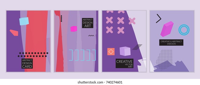 Set of artistic minimal universal card templates in Memphis style with abstract hand drawn doodles. Design for poster, card, invitation. Roughly drawn bright trendy textures. Vector isolated