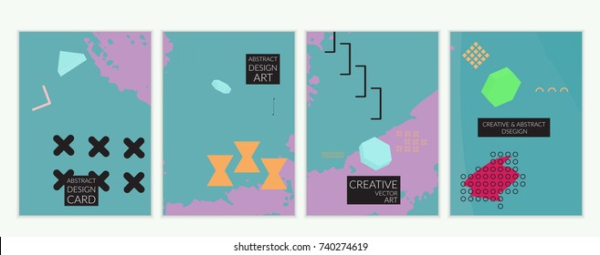 Set of artistic minimal universal card templates in Memphis style with abstract hand drawn doodles. Design for poster, card, invitation. Roughly drawn bright trendy textures. Vector isolated