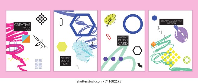 Set of artistic minimal universal card templates in Memphis style with abstract hand drawn doodles. Design for poster, card, invitation. Roughly drawn bright trendy textures. Vector isolated