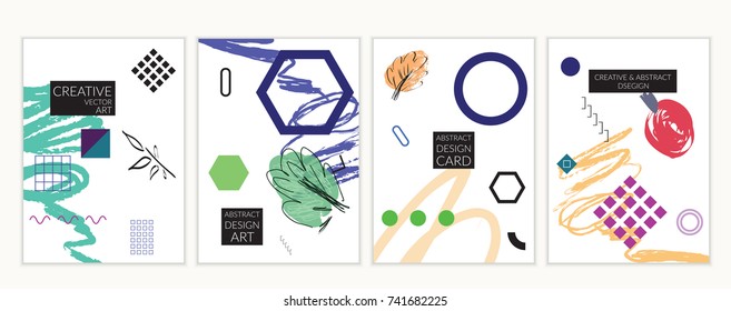 Set of artistic minimal universal card templates in Memphis style with abstract hand drawn doodles. Design for poster, card, invitation. Roughly drawn bright trendy textures. Vector isolated