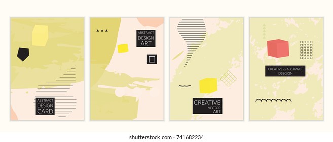 Set of artistic minimal universal card templates in Memphis style with abstract hand drawn doodles. Design for poster, card, invitation. Roughly drawn bright trendy textures. Vector isolated