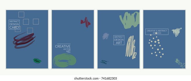 Set of artistic minimal universal card templates in Memphis style with abstract hand drawn doodles. Design for poster, card, invitation. Roughly drawn bright trendy textures. Vector isolated