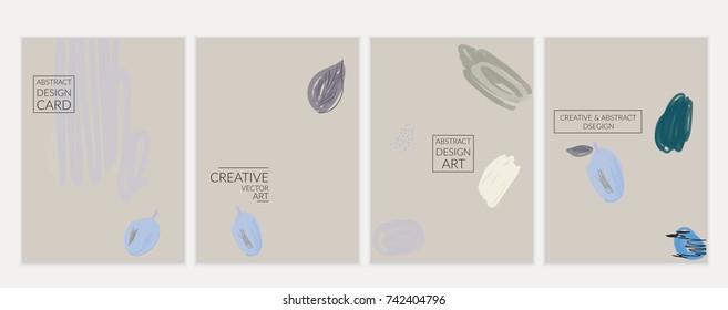 Set of artistic minimal universal card templates with abstract hand drawn doodles. Design for poster, card, invitation. Roughly drawn bright trendy textures. Minimal simple design.Vector isolated