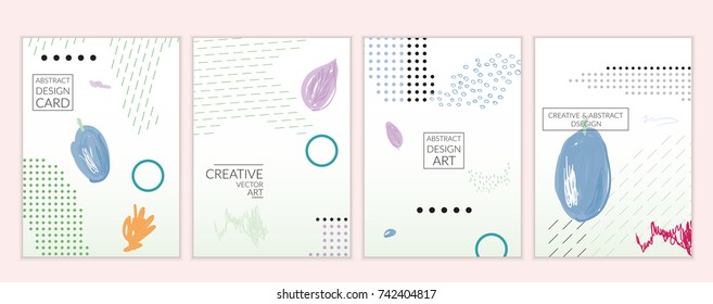 Set of artistic minimal universal card templates with abstract hand drawn doodles. Design for poster, card, invitation. Roughly drawn bright trendy textures. Minimal simple design.Vector isolated