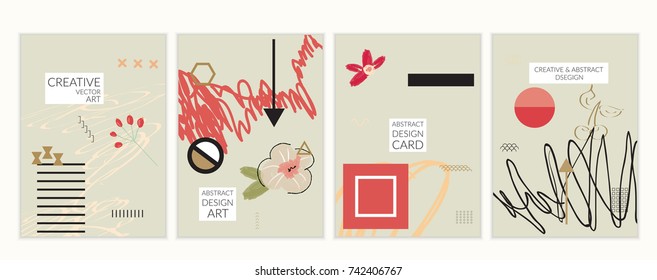 Set of artistic minimal universal card templates in Memphis style with abstract hand drawn doodles. Design for poster, card, invitation. Roughly drawn bright trendy textures. Vector isolated