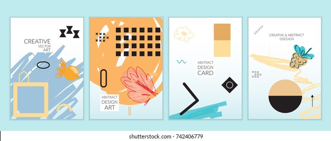 Set of artistic minimal universal card templates in Memphis style with abstract hand drawn doodles. Design for poster, card, invitation. Roughly drawn bright trendy textures. Vector isolated