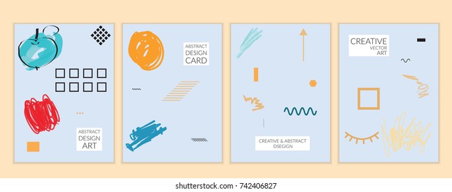 Set of artistic minimal universal card templates in Memphis style with abstract hand drawn doodles. Design for poster, card, invitation. Roughly drawn bright trendy textures. Vector isolated