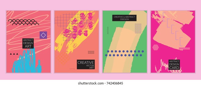 Set of artistic minimal universal card templates in Memphis style with abstract hand drawn doodles. Design for poster, card, invitation. Roughly drawn bright trendy textures. Vector isolated