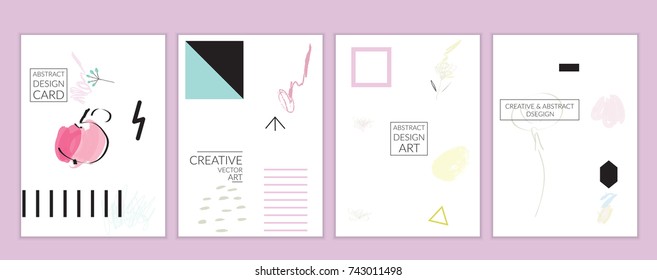 Set of artistic minimal universal card templates in Memphis style with abstract hand drawn doodles. Design for poster, card, invitation. Roughly drawn bright trendy textures. Vector isolated