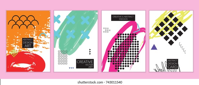 Set of artistic minimal universal card templates in Memphis style with abstract hand drawn doodles. Design for poster, card, invitation. Roughly drawn bright trendy textures. Vector isolated